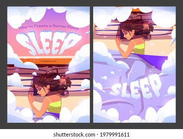 How to create a better sleep cartoon ad poster. Young woman lying on pillows in bed top view, dormant girl nap at home or hotel, relaxing and sleeping with fluffy clouds around, vector illustration