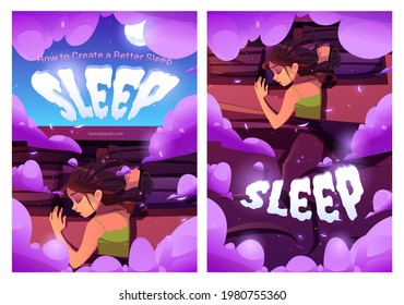 How to create a better sleep cartoon ad poster. Young woman lying on pillows in bed top view, dormant girl nap at home or hotel, relaxing and sleeping with fluffy clouds around, vector illustration