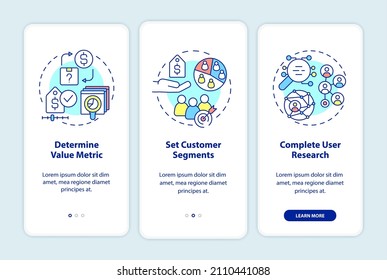 How to create pricing strategy onboarding mobile app screen. Value metric walkthrough 3 steps graphic instructions pages with linear concepts. UI, UX, GUI template. Myriad Pro-Bold, Regular fonts used