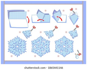 How to cut from paper beautiful snowflakes. Make your own Christmas decoration. Set of templates with games for kids. Learn to use scissors. Developing children skills for cutting and handwork.