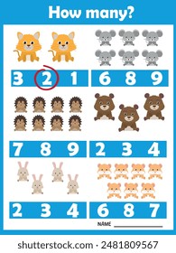 How many? Cute animals. Printable worksheet. Educational game for children, kids preschool age. Mathematics task. Learning mathematics, numbers.Tasks for addition.Preschool Counting Activities.