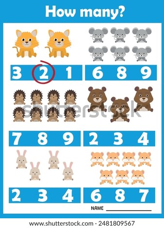 How many? Cute animals. Printable worksheet. Educational game for children, kids preschool age. Mathematics task. Learning mathematics, numbers.Tasks for addition.Preschool Counting Activities.