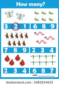 How many? Cute insects. Printable worksheet. Educational game for children, kids preschool age. Mathematics task. Learning mathematics, numbers.Tasks for addition.Preschool Counting Activities.