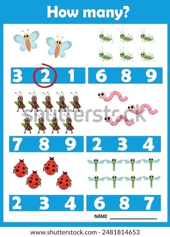 How many? Cute insects. Printable worksheet. Educational game for children, kids preschool age. Mathematics task. Learning mathematics, numbers.Tasks for addition.Preschool Counting Activities.