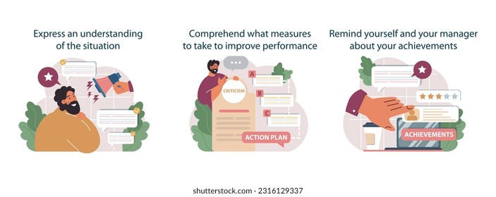 Cómo tratar el juicio en el trabajo. Empleado lidiando con la presión del gerente, aprendiendo a tomar críticas constructivas. Ilustración vectorial plana