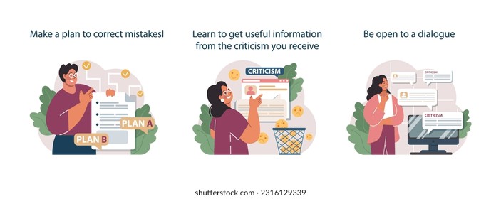 Wie man mit Urteilen am Arbeitsplatz umgeht. Mitarbeiter, die sich mit dem Druck des Geschäftsführers, Lernen, wie man konstruktive Kritik zu nehmen. Flache Vektorgrafik