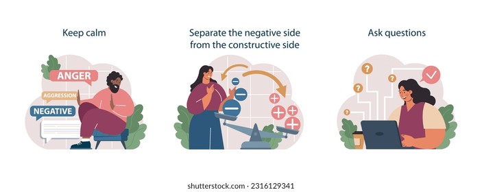 Cómo tratar el juicio en el trabajo. Empleado lidiando con la presión del gerente, aprendiendo a tomar críticas constructivas. Ilustración vectorial plana