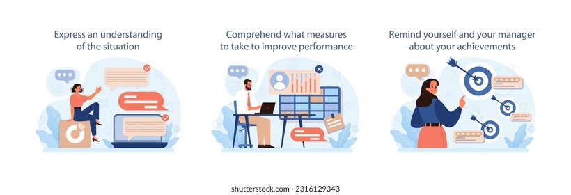 How to deal with judgement at work set. Employee dealing with pressure from manager, learning how to take constructive criticism. Flat vector illustration