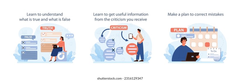 How to deal with judgement at work set. Employee dealing with pressure from manager, learning how to take constructive criticism. Flat vector illustration