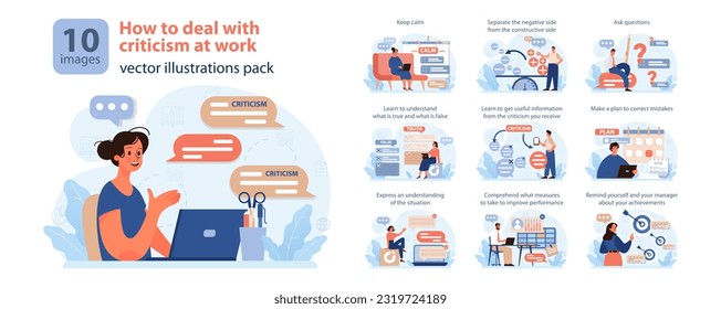 Cómo tratar el juicio en el trabajo. Empleado lidiando con la presión del gerente, aprendiendo a tomar críticas constructivas. Ilustración vectorial plana