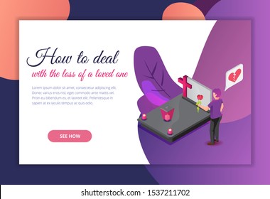 How to deal with the loss of a loved one. Landing page. Vector isometric illustration.