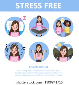 How to deal with stress guide. Depression reduce instruction. Making exercise and yoga, sleep and deep breath help to reduce stressful state. Isolated flat vector illustration