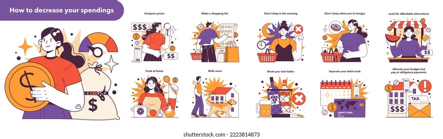 How to decrease your spendings set. Risk management in conditions of economic stagnation. Economic activity decline, wealth-saving actions. Flat vector illustration