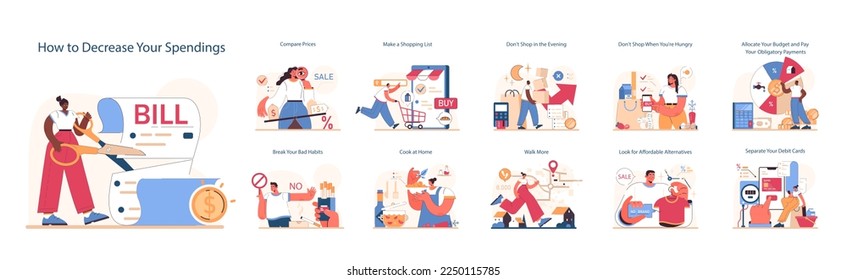 How to decrease your spendings set. Risk management in conditions of economic stagnation. Economic activity decline, wealth-saving actions. Flat vector illustration