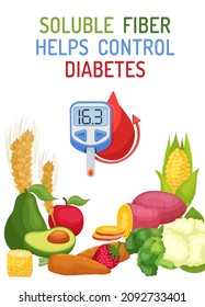 How Dietary Fiber Helps Manage Diabetes. Healthcare, Nutrition, Medicine Image. Medical Poster With Colorful Food Examples. Vector Illustration Isolated On A White Background