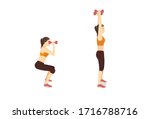 How to do the dumbbell thruster exercise from healthy Woman in 2 step. Illustration about Fitness with lightweight equipment.