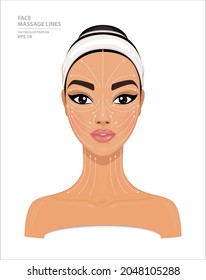 How to Do Lymphatic Drainage Massage. Face Massage Lines. Beautiful Arabic Woman Isolated on White Background. East Model for Facial Beauty Treatment. Skin Care Concept. Vector Illustration