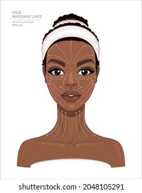 How to Do Lymphatic Drainage Massage. Face Massage Lines. Beautiful African American Woman Isolated on White Background. Model for Facial Beauty Treatment. Skin Care Concept. Vector Illustration