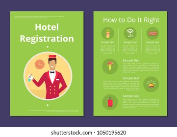 How to do right hotel registration instruction with successive steps and receptionist in red uniform that holds keys vector illustrations.