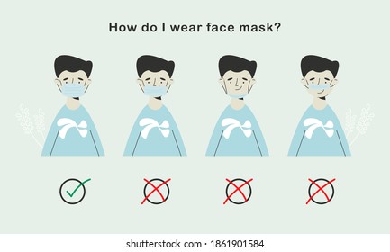 Cómo uso el vector de máscara facial, el hombre muestra una máscara facial correcta e incorrecta usando la misma.	