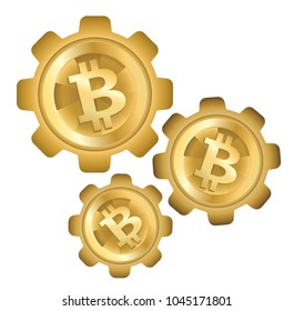 How does Bitcoin work. A conceptual illustration of a digital cryptocurrency as the cogs in a clockwork system. Stock vector illustration.