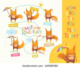 How does the fox feel today? Cute cartoon animal with different mood expressions. Educational game for children. Learning handling emotions concept. Vector illustration for banner, poster, flyer.