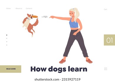 Cómo aprende el perro el concepto de diseño de página de inicio con la mujer entrenando mascota en un área de juegos especial