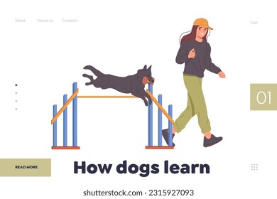 How dog learn landing page design template with happy woman trainer working with purebred puppy