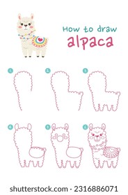 How to draw alpaca vector illustration. Draw alpaca step by step. Cute and easy drawing guide.