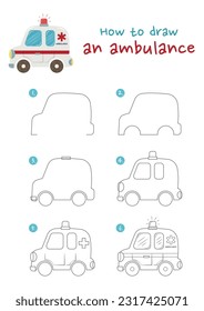 How to draw ambulance vector illustration. Draw ambulance car step by step. Cute and easy drawing guide.