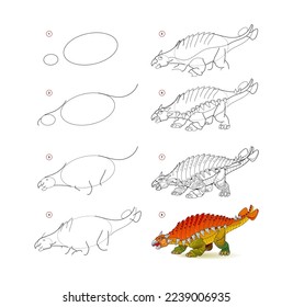 How to draw ankylosaurus. Educational page for children. Creation step by step prehistoric animal illustration. Printable worksheet for kids school exercise book. Online education. Vector drawing.