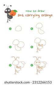 How to draw ant carrying orange vector illustration. Draw ant insect step by step. Cute and easy drawing guide.