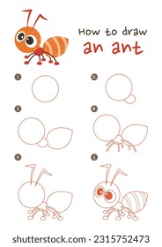 How to draw ant insect vector illustration. Draw ant insect step by step. Cute and easy drawing guide.