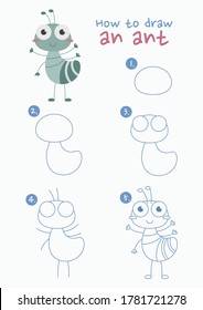 How to draw the ant vector illustration. Draw an ant step by step. Ant drawing guide. Cute and easy drawing guidebook.