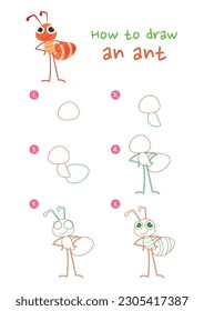 How to draw an ant vector illustration. Draw ant insect step by step. Cute and easy drawing guide.