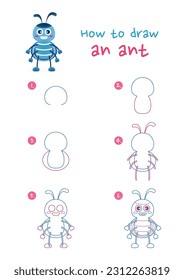 How to draw an ant vector illustration. Draw ant insect step by step. Cute and easy drawing guide.