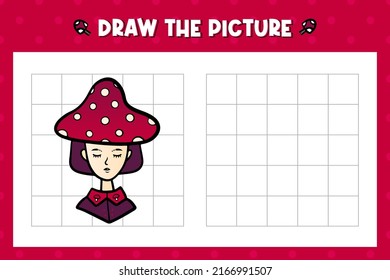 How to draw autumn girl in mushroom hat. Draw, copy the picture activity for kids, children. Vector printable illustration, page.