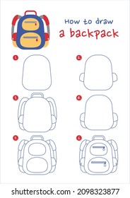 How to draw a backpack vector illustration. Draw a backpack step by step. School bag drawing guide. Cute and easy drawing guidebook.