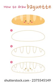 How to draw baguette bread vector illustration. Draw french bread step by step. Cute and easy drawing guide.