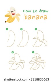 How to draw banana vector illustration. Draw banana step by step. Cute and easy drawing guide.