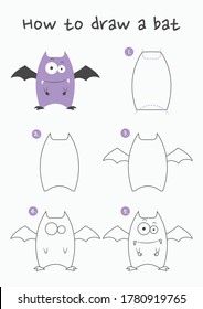 How to draw a bat vector illustration. Draw a halloween bat step by step. Vampire bat drawing guide. Cute and easy drawing guidebook.