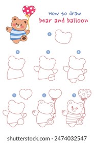 How to draw bear and balloon vector illustration. Draw bear holding balloon step by step. Cute and easy drawing guide.