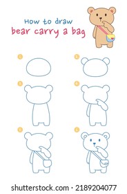 Cómo dibujar un oso con una ilustración vectorial de la bolsa de hombro. Dibuja un oso que lleve un bolso de hombro paso a paso. Guía de dibujo suave y sutil.