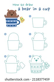 How to draw bear in cup vector illustration  Draw bear in mug cup step by step  Cute   easy drawing guide 