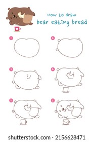 How to draw bear eating bread vector illustration  Draw bear eating bread step by step  Cute   easy drawing guide 