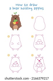 How to draw a bear holding apples vector illustration. Draw funny bear step by step. Cute and easy drawing guide.