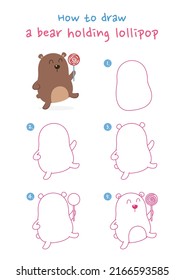 How to draw a bear holding lollipop vector illustration. Draw funny bear step by step. Cute and easy drawing guide.