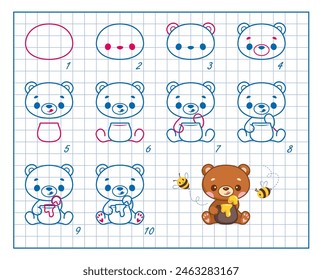 How to Draw bear with honey, Step by Step Lesson for Kids cartoon vector illustration