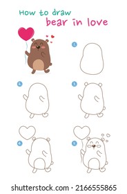 How to draw bear in love holding heart shape balloon vector illustration. Draw funny bear step by step. Cute and easy drawing guide.