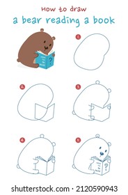 Cómo dibujar un oso leyendo una ilustración de un vector de libro. Dibujar un oso leyendo un libro paso a paso. Guía de dibujo suave y sutil.